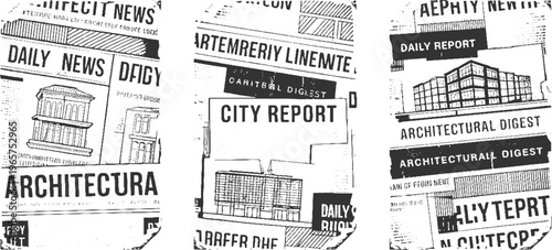 Collage of vintage newspaper clippings featuring architectural and headlines architecture building
