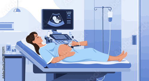 Pregnant Woman Undergoing Ultrasound Examination in Medical Clinic