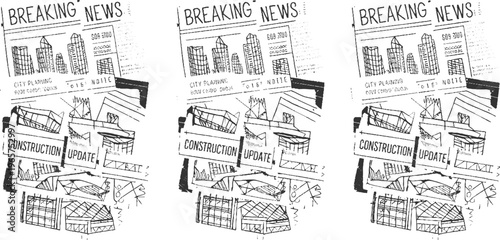 Hand drawn newspaper clipping with breaking news about city planning and construction updates featuring abstract buildings and blueprints