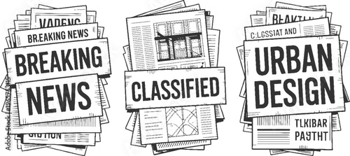 Stack of newspapers with headlines breaking news classified urban