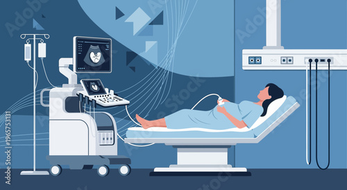 Pregnant Woman Undergoing Ultrasound Examination in Modern Medical Clinic