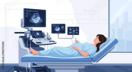 Pregnant Woman Undergoing Ultrasound Examination in Modern Medical Clinic