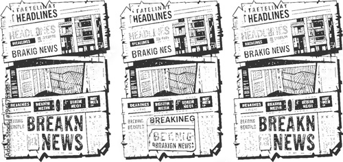 Three black and white newspaper pages with headlines and of buildings and boxes breaking