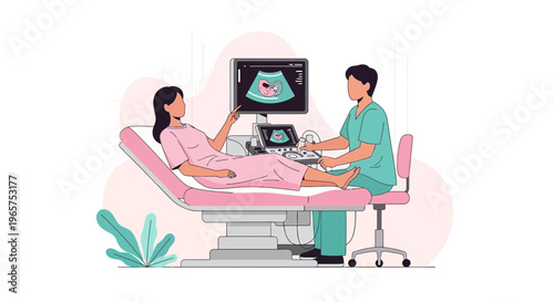 Pregnant woman undergoing ultrasound examination with doctor in clinic, baby on screen