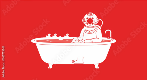 Ambition Concept with Deep Sea Diver Sitting in Bathtub Representing Big Dreams in Small Spaces and Unexpected Contrast Illustration