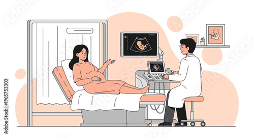 Pregnant Woman Undergoing Ultrasound Examination with Doctor in Clinic