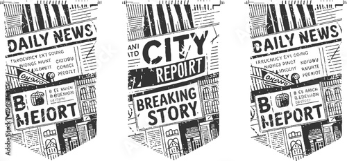 Three black and white pennants with newspaper headlines about city news and breaking stories banner flag