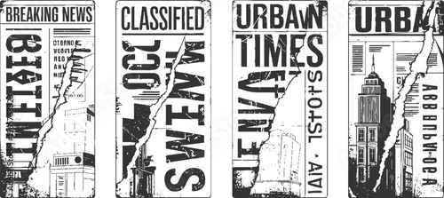 Four vertical torn newspaper sections with headlines and cityscapes in black and white breaking classified