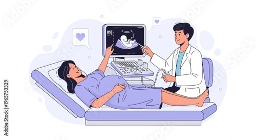 Pregnant Woman Undergoing Ultrasound Examination with Doctor in Clinic