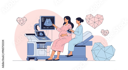 Pregnant Woman Undergoing Ultrasound Examination with Doctor in Clinic