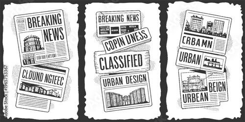 Black and white newspaper clippings featuring urban buildings and headlines like breaking news classified and urban