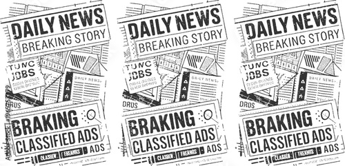 Three black and white newspaper pages with headlines daily news breaking story and classified ads