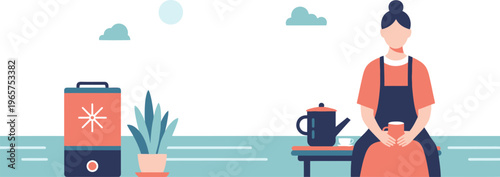 Woman finds peace and comfort at home, enjoying a warm beverage, with a plant and humidifier enhancing her serene, relaxing daily lifestyle