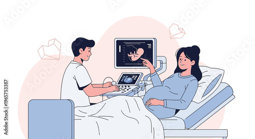 Pregnant Woman Undergoing Ultrasound Examination with Doctor in Clinic