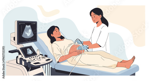 Pregnant Woman Undergoing Ultrasound Examination with Doctor in Clinic