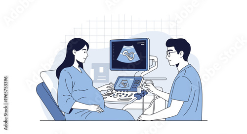Pregnant Woman Undergoing Ultrasound Examination with Doctor in Clinic