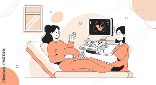 Pregnant Woman Undergoing Ultrasound Examination with Doctor in Clinic