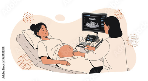 Pregnant Woman Undergoing Ultrasound Examination with Doctor in Clinic