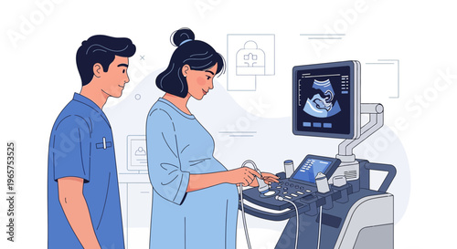 Pregnant Woman Undergoing Ultrasound Examination with Doctor in Medical Clinic