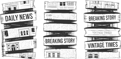 Three vintage newspaper banners with architectural and text daily news breaking story vintage times