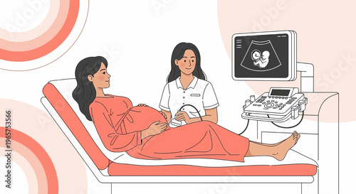 Pregnant Woman Undergoing Ultrasound Examination with Doctor Monitoring Fetus on Screen