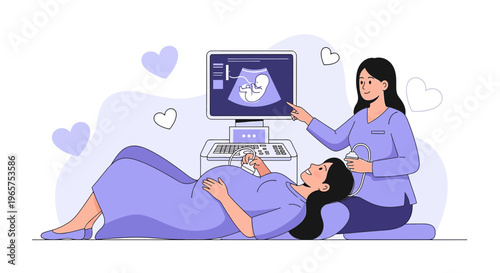 Pregnant woman undergoing ultrasound examination with doctor pointing at screen showing baby