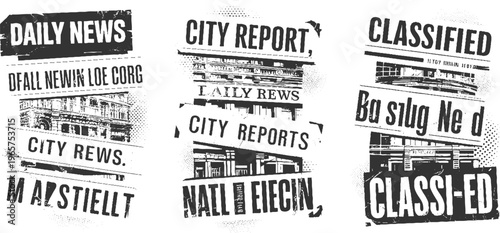 Black and white newspaper headlines and building with distressed texture city report classified