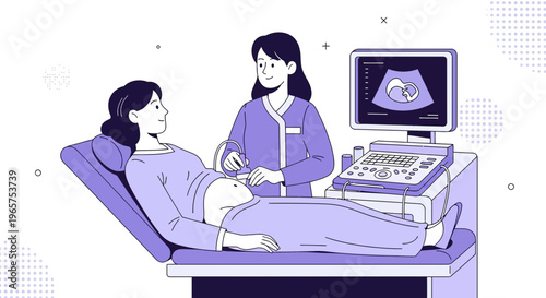 Pregnant Woman Undergoing Ultrasound Examination with Doctor