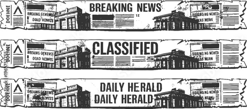 Three black and white newspaper style banners featuring buildings and headlines like breaking news classified and daily herald