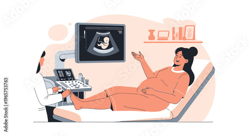 Pregnant Woman Undergoing Ultrasound Examination with Doctor