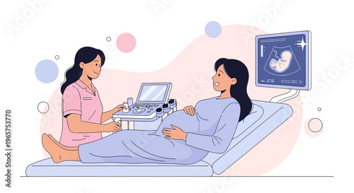 Pregnant Woman Undergoing Ultrasound Examination with Doctor