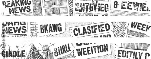 Collage of black and white newspaper headlines and including breaking news classified ads and cityscapes