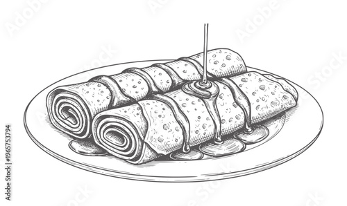 Hand drawn crepes rolled and drizzled with syrup a plate