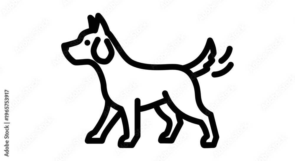 Fototapeta premium Simple black and white line art illustration of a dog with wagging tail. Minimalist pet animal graphic icon design.