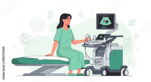 Pregnant Woman Undergoing Ultrasound Examination with Happy Baby Image on Screen