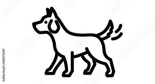 Simple black and white line art illustration of a dog with wagging tail. Minimalist pet animal graphic icon design.