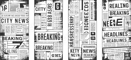 Black and white newspaper clippings with bold headlines and text blocks breaking city