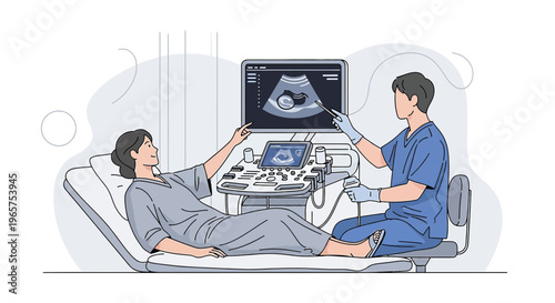 Pregnant Woman Undergoing Ultrasound Examination with Medical Professional
