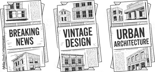 Three hand drawn newspaper clippings featuring architectural and text headlines breaking news vintage urban architecture