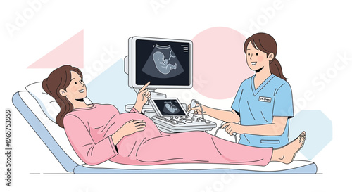 Pregnant Woman Undergoing Ultrasound Examination with Medical Professional