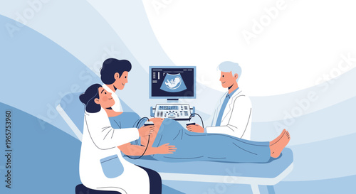 Pregnant woman undergoing ultrasound examination with medical professionals in a modern clinic