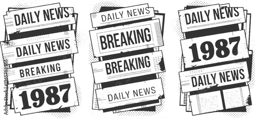Three stacks of newspapers with headlines daily news breaking and the year 1987