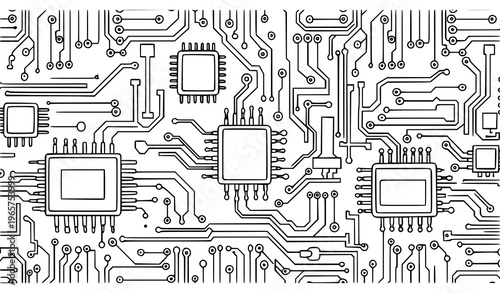 Hand drawn motherboard seamless pattern vector with digital circuit lines and semiconductor connections on white background