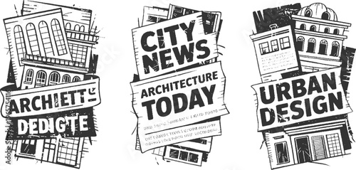 Three black and white of city buildings with newspaper headlines a r c h i t e c t s d e d i c a t e d c i t y n e w s a r c h i t e c t u r e t o d a y u r b a n d e s i g n