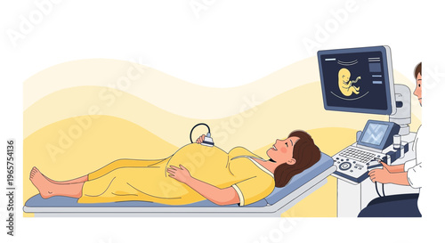 Pregnant woman undergoing ultrasound examination, showing baby on screen, medical technology
