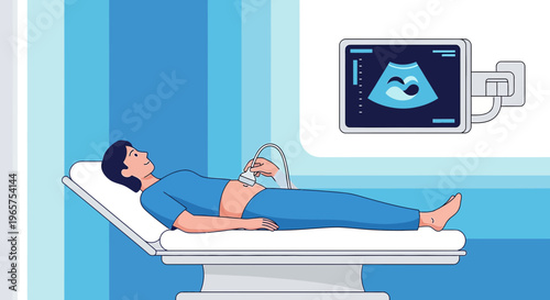Pregnant woman undergoing ultrasound examination, showing fetus on screen