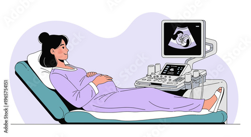 Pregnant Woman Undergoing Ultrasound Examination, Showing Baby on Screen