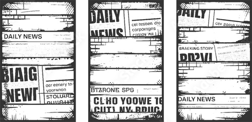 Three vertical panels of distressed newspapers with bold headlines and textured backgrounds daily
