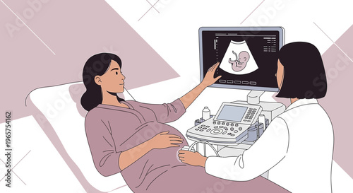 Pregnant Woman Undergoing Ultrasound Scan by Doctor, Baby Image on Screen