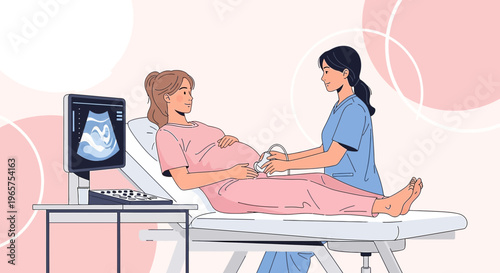 Pregnant Woman Undergoing Ultrasound Scan by Medical Professional in Clinic